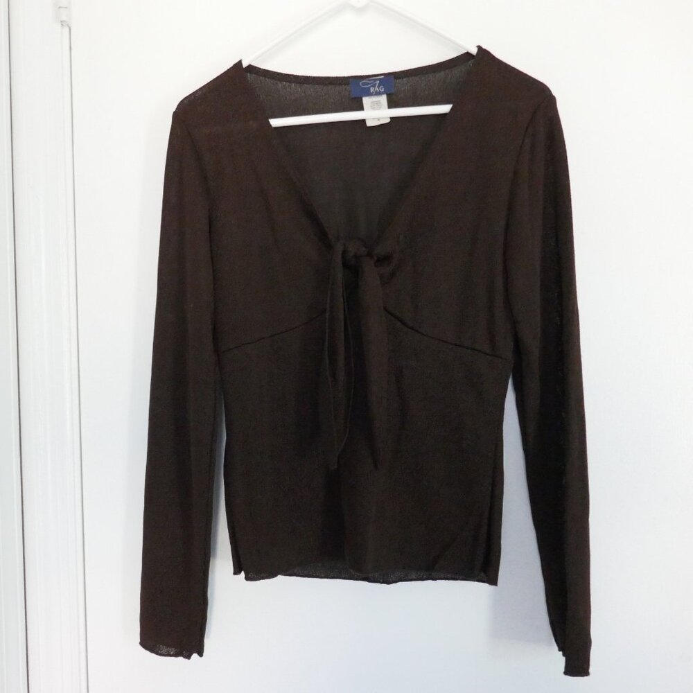 lightweight shimmery brown v-neck sweater with tie in front size M
